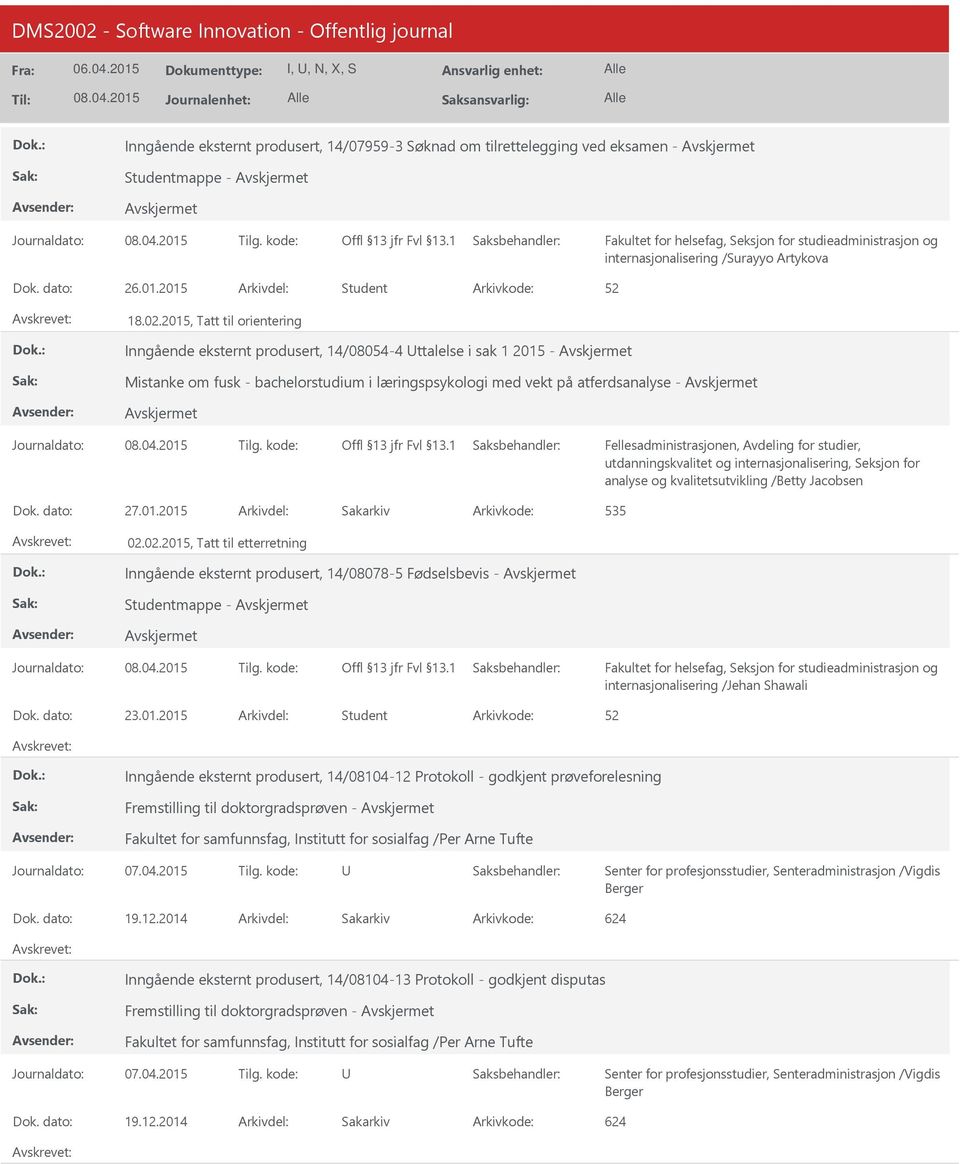 Avdeling for studier, utdanningskvalitet og internasjonalisering, Seksjon for analyse og kvalitetsutvikling /Betty Jacobsen Dok. dato: 27.01.2015 Arkivdel: Sakarkiv Arkivkode: 535 02.