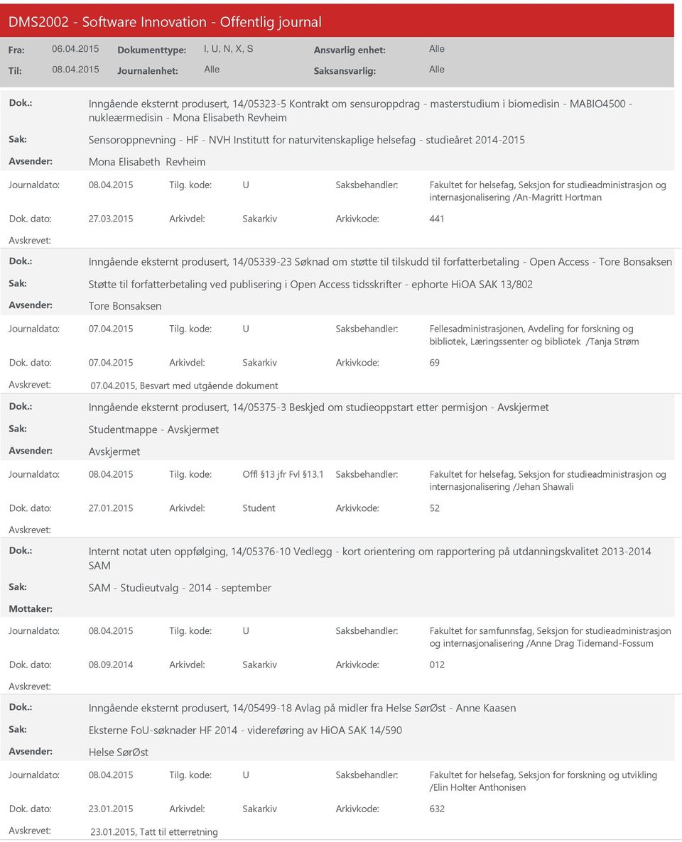 2015 Arkivdel: Sakarkiv Arkivkode: 441 Inngående eksternt produsert, 14/05339-23 Søknad om støtte til tilskudd til forfatterbetaling - Open Access - Tore Bonsaksen Støtte til forfatterbetaling ved