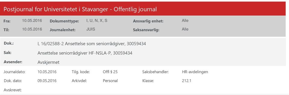 seniorrådgiver, 30059434 Ansettelse seniorrådgiver