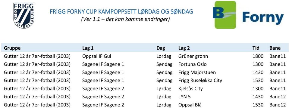 IF Sagene 1 Søndag Frigg Ruseløkka City 1530 Bane11 Gutter 12 år 7er-fotball (2003) Sagene IF Sagene 2 Lørdag Kjelsås City 1300 Bane11 Gutter 12