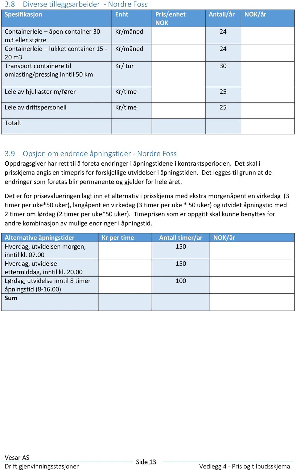 9 Opsjon om endrede åpningstider - Nordre Foss Oppdragsgiver har rett til å foreta endringer i åpningstidene i kontraktsperioden.