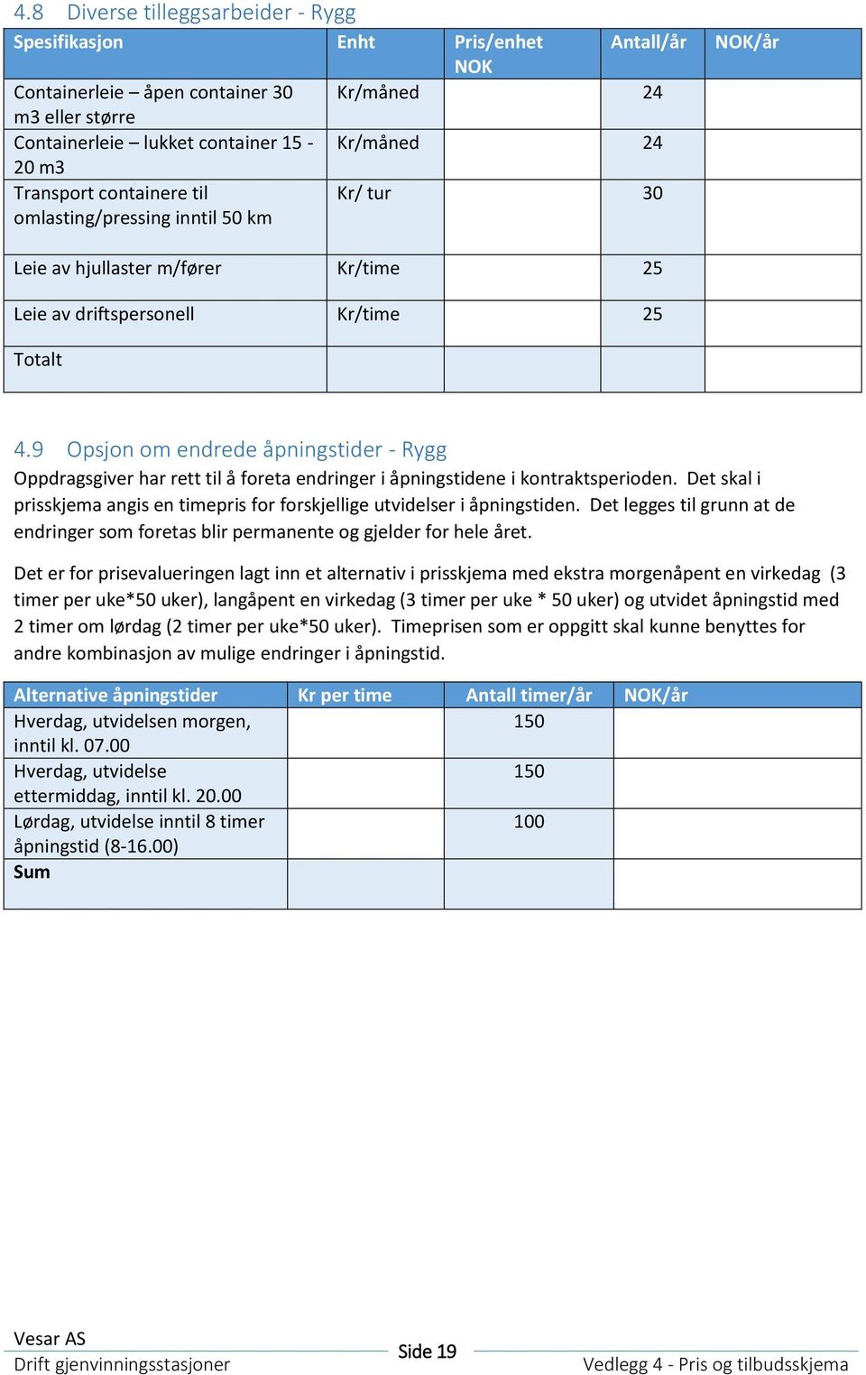 9 Opsjon om endrede åpningstider - Rygg Oppdragsgiver har rett til å foreta endringer i åpningstidene i kontraktsperioden.