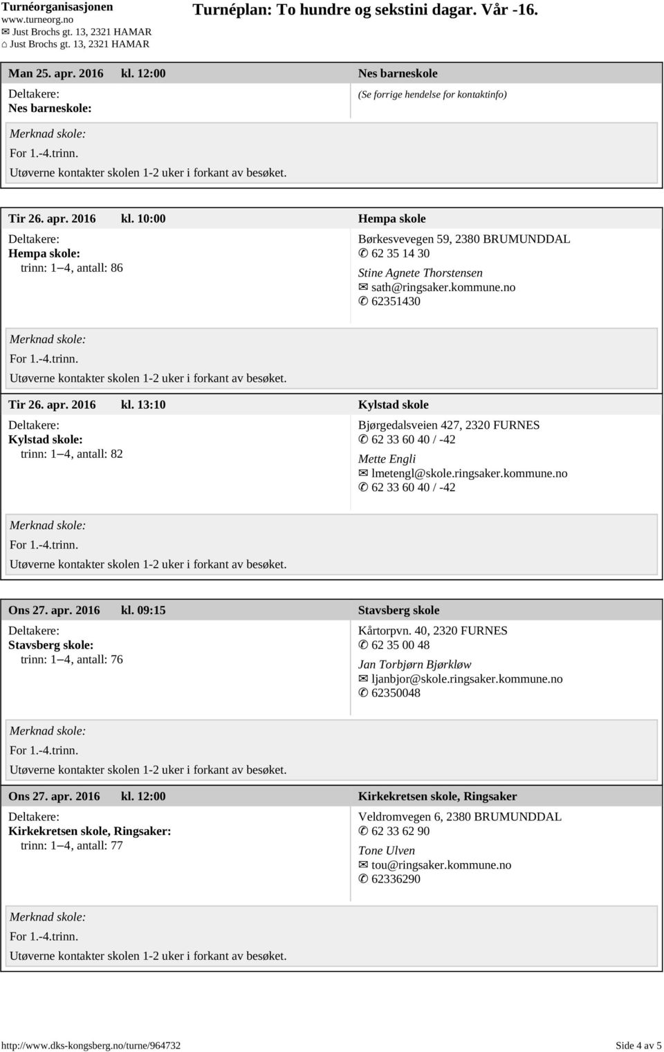 apr. 2016 kl. 09:15 Stavsberg skole Stavsberg skole: trinn: 1 4, antall: 76 Kårtorpvn. 40, 2320 FURNES 62 35 00 48 Jan Torbjørn Bjørkløw ljanbjor@skole.ringsaker.kommune.no 62350048 Ons 27. apr.