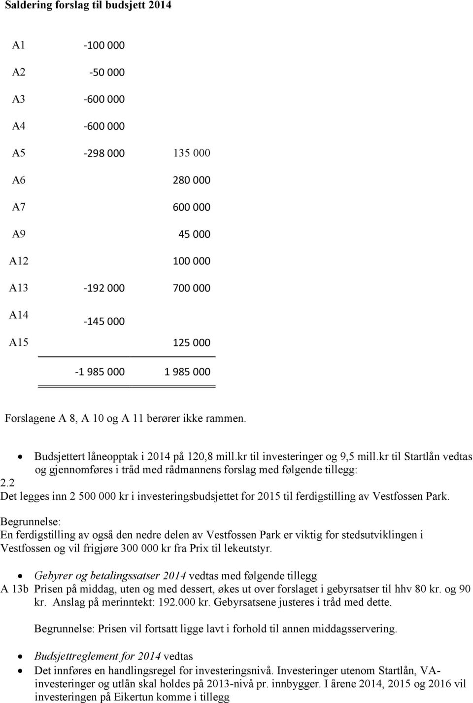 kr til Startlån vedtas og gjennomføres i tråd med rådmannens forslag med følgende tillegg: 2.2 Det legges inn 2 500 000 kr i investeringsbudsjettet for 2015 til ferdigstilling av Vestfossen Park.