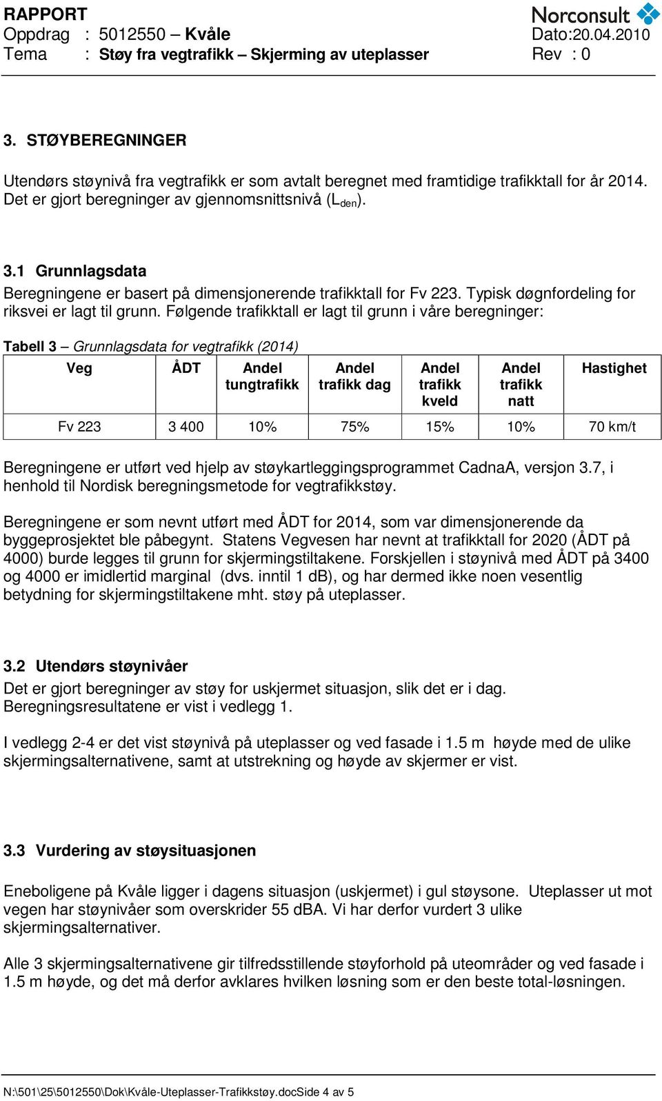 Følgende trafikktall er lagt til grunn i våre beregninger: Tabell 3 Grunnlagsdata for vegtrafikk (2014) Veg ÅDT tungtrafikk trafikk dag trafikk kveld trafikk natt Hastighet Fv 223 3 400 10% 75% 15%