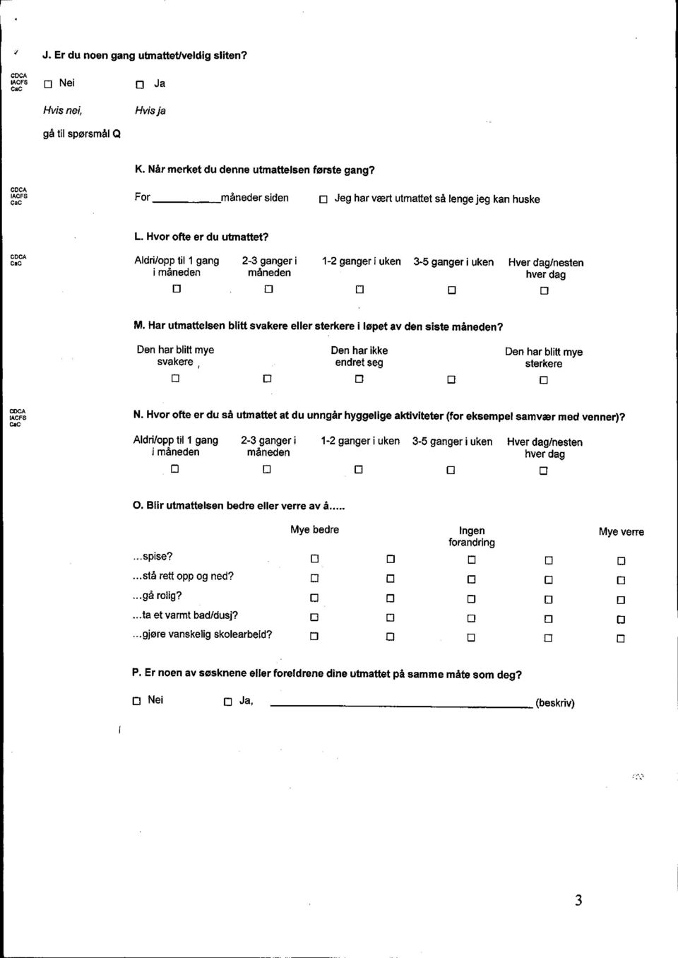 CDCA CBC Aldri/opp til 1 gang 2-3 ganger i 1-2 ganger i uken 3-5 ganger i uken Hver dag/nesten i måneden måneden hver dag M. Har utmattelsen blitt svakere eller sterkere i løpet av den siste måneden?