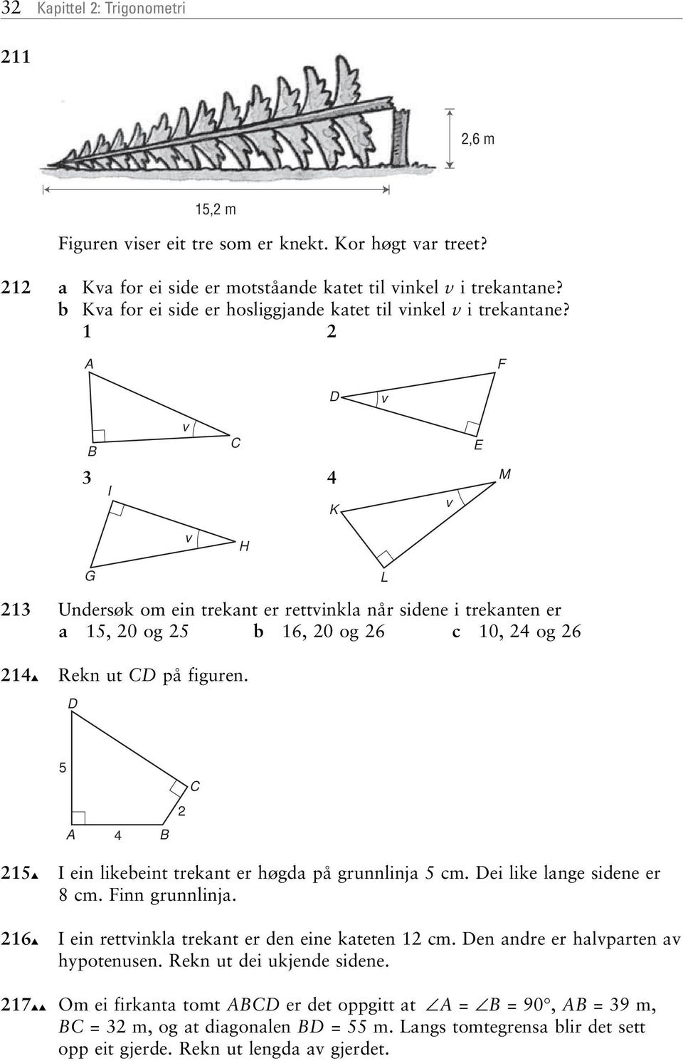 1 2 F 3 4 I K E M H G L 213 Undersøk om ein trekant er rettinkla når sidene i trekanten er a 15, 20 og 25 b 16, 20 og 26 c 10, 24 og 26 214 Rekn ut på figuren.