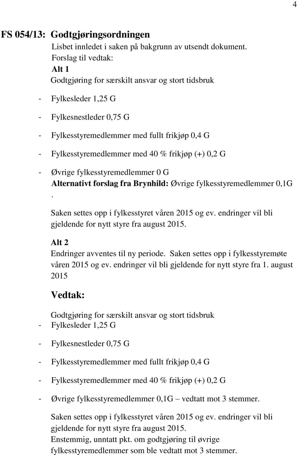 % frikjøp (+) 0,2 G - Øvrige fylkesstyremedlemmer 0 G Alternativt forslag fra Brynhild: Øvrige fylkesstyremedlemmer 0,1G. Saken settes opp i fylkesstyret våren 2015 og ev.