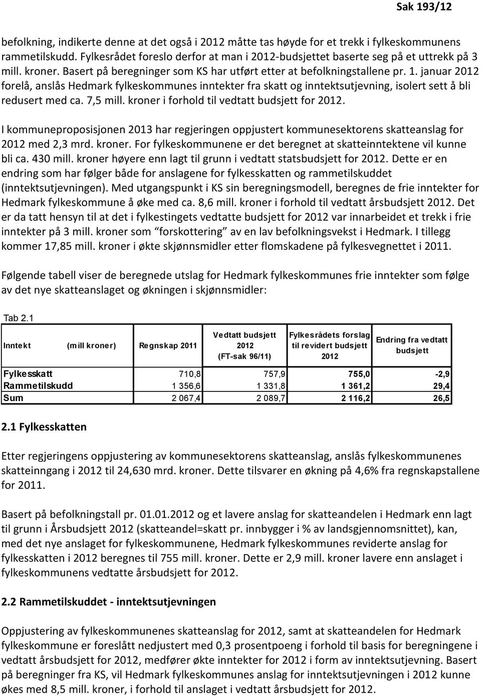 januar 2012 forelå, anslås Hedmark fylkeskommunes inntekter fra skatt og inntektsutjevning, isolert sett å bli redusert med ca. 7,5 mill. kroner i forhold til vedtatt budsjett for 2012.