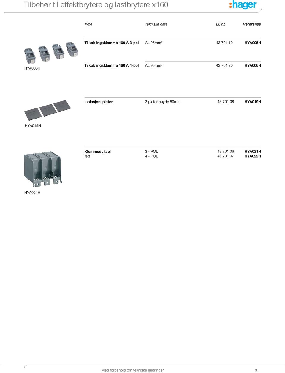 4-pol AL 95mm 2 43 701 20 HYA006H Isolasjonsplater 3 plater høyde 50mm 43 701 08 HYA019H