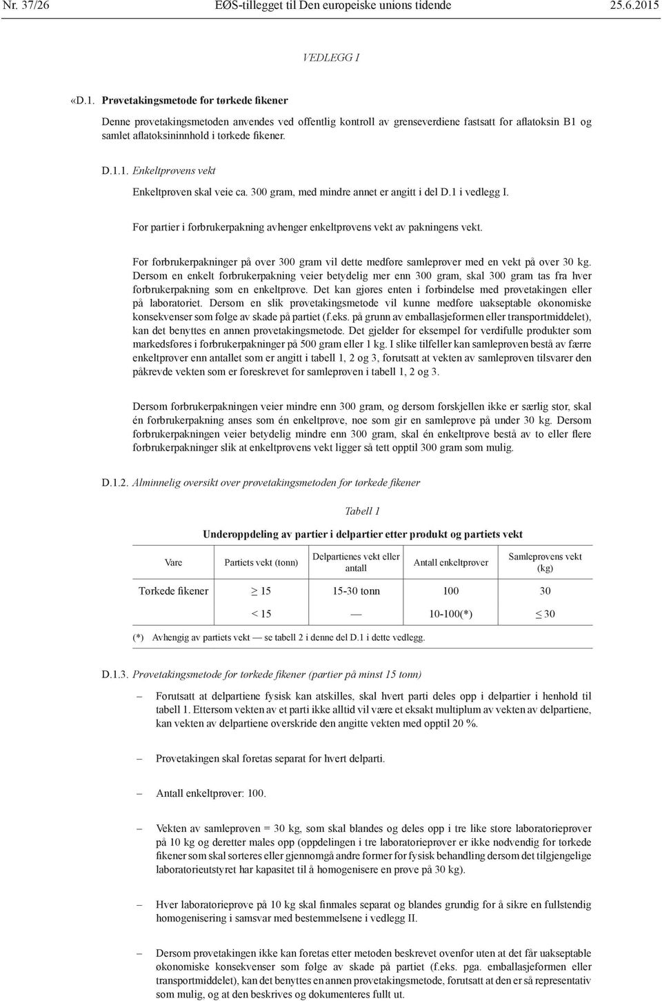 Prøvetakingsmetode for tørkede fikener Denne prøvetakingsmetoden anvendes ved offentlig kontroll av grenseverdiene fastsatt for aflatoksin B1 og samlet aflatoksininnhold i tørkede fikener. D.1.1. Enkeltprøvens vekt Enkeltprøven skal veie ca.