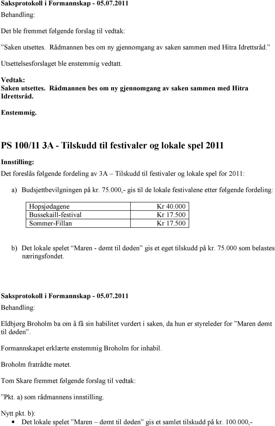 PS 100/11 3A - Tilskudd til festivaler og lokale spel 2011 Det foreslås følgende fordeling av 3A Tilskudd til festivaler og lokale spel for 2011: a) Budsjettbevilgningen på kr. 75.