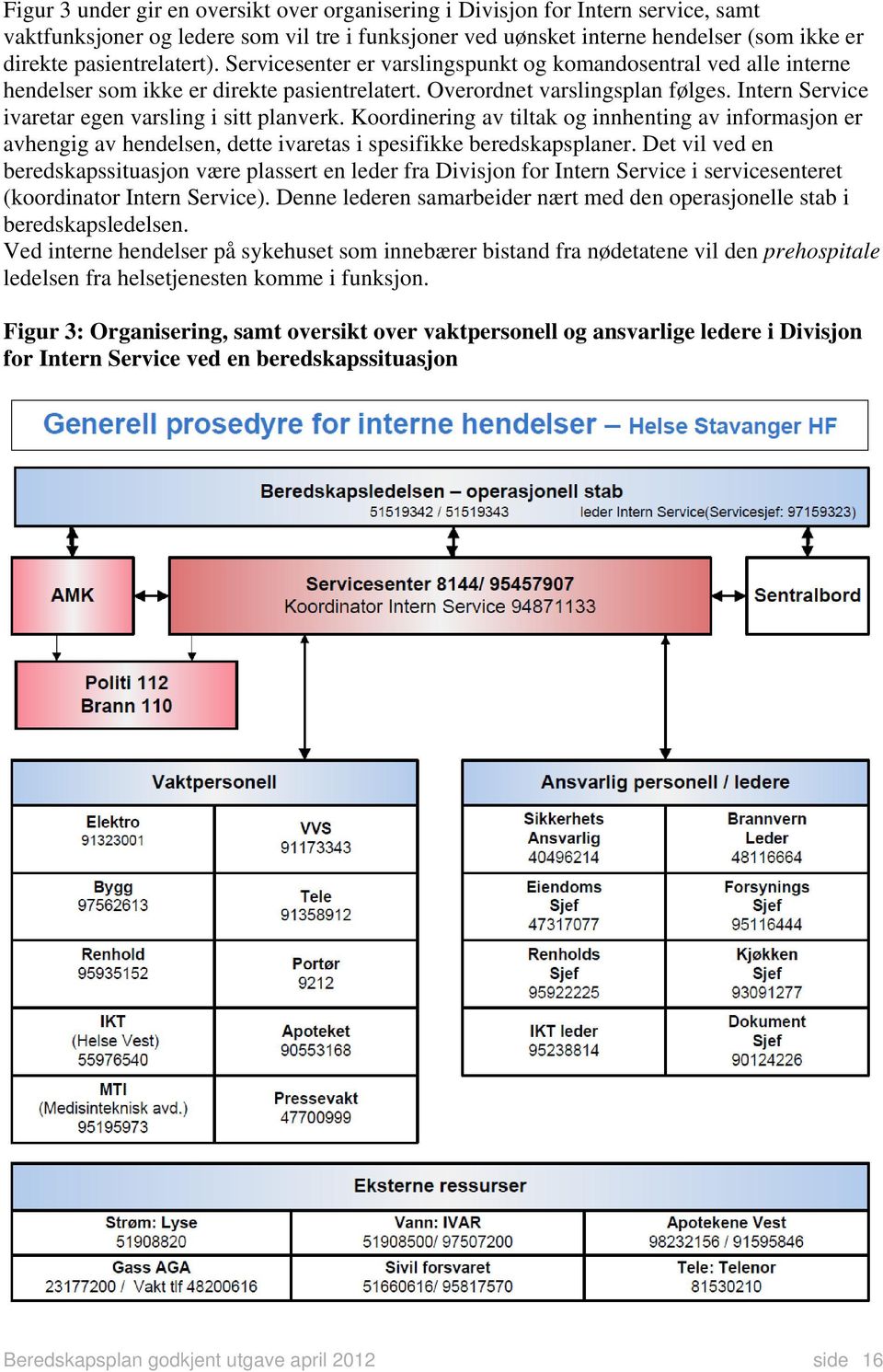 Intern Service ivaretar egen varsling i sitt planverk. Koordinering av tiltak og innhenting av informasjon er avhengig av hendelsen, dette ivaretas i spesifikke beredskapsplaner.