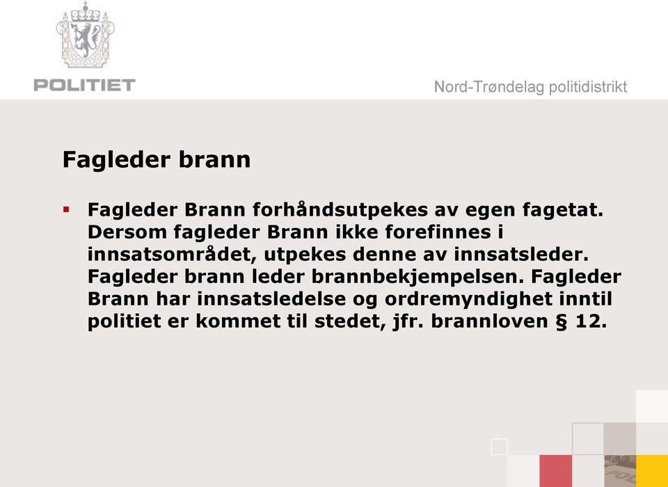 innsatsleder. Fagleder brann leder brannbekjempelsen.