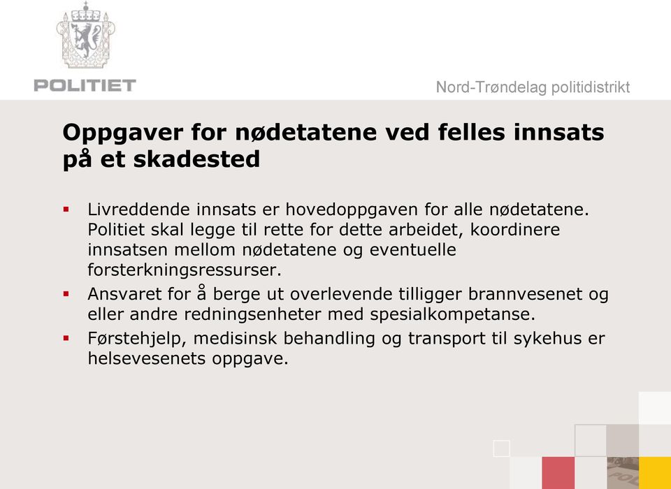 Politiet skal legge til rette for dette arbeidet, koordinere innsatsen mellom nødetatene og eventuelle