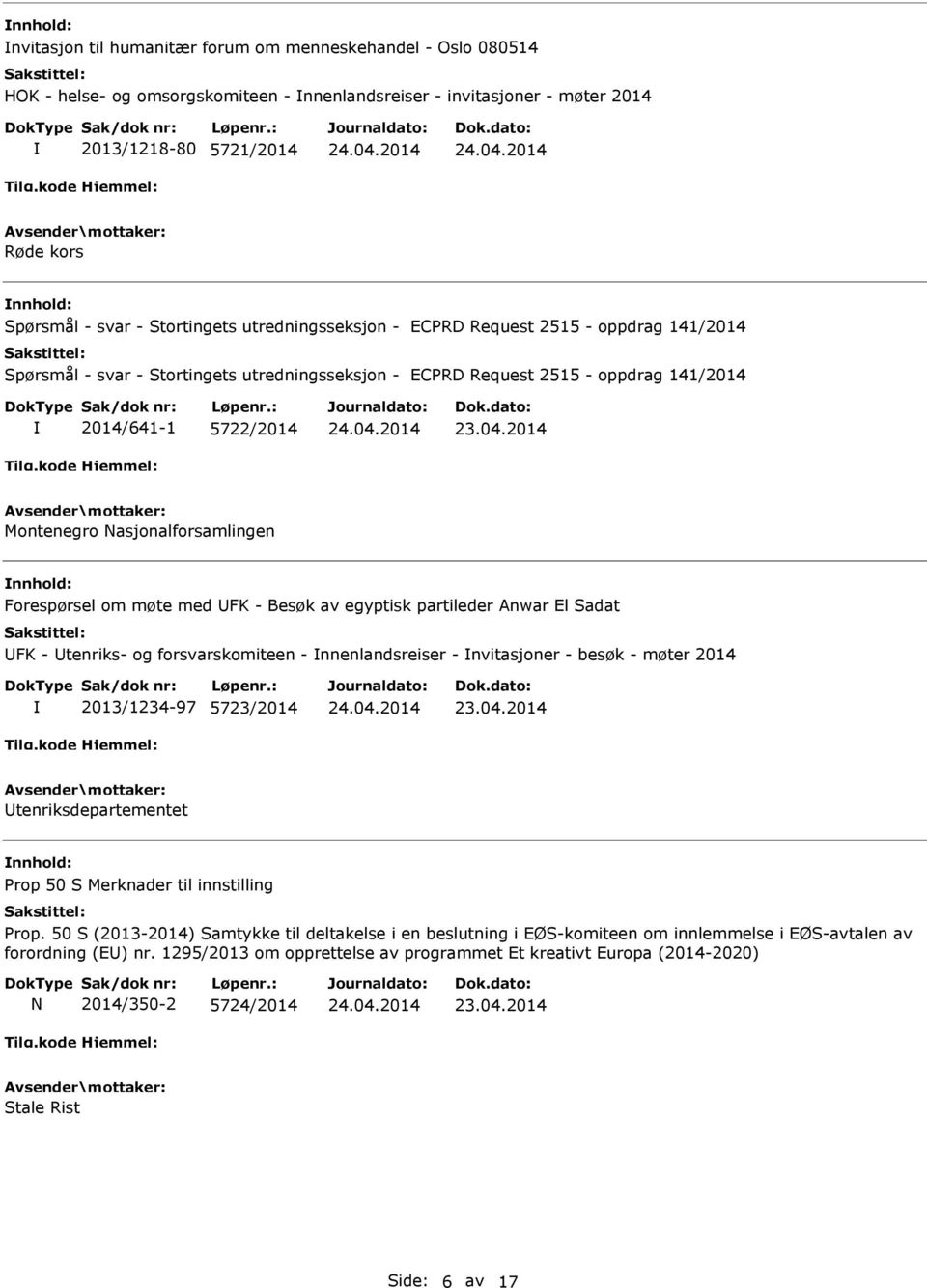 Nasjonalforsamlingen Forespørsel om møte med FK - Besøk av egyptisk partileder Anwar El Sadat FK - tenriks- og forsvarskomiteen - nnenlandsreiser - nvitasjoner - besøk - møter 2014 2013/1234-97