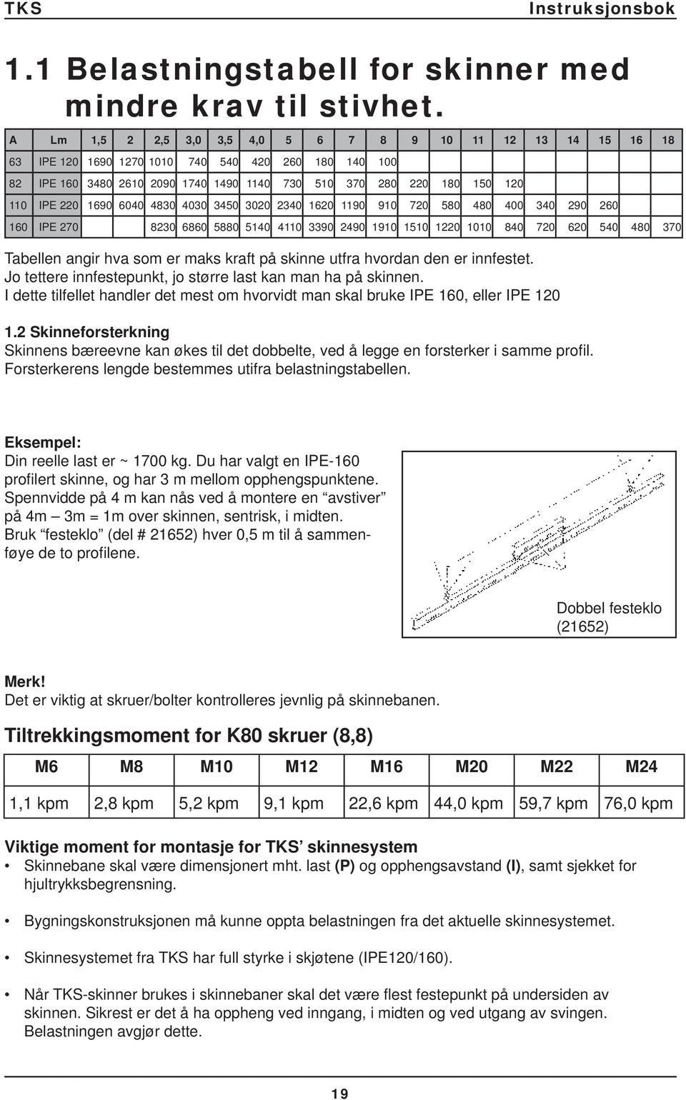 5880 50 0 90 90 90 50 0 00 80 70 60 50 80 70 Tabellen angir hva som er maks kraft på skinne utfra hvordan den er innfestet. Jo tettere innfestepunkt, jo større last kan man ha på skinnen.