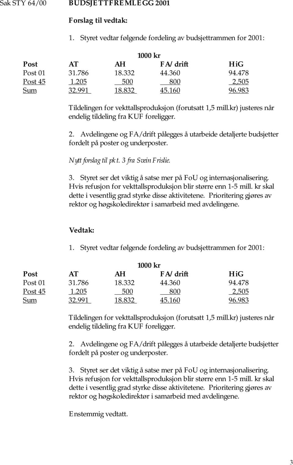 Nytt forslag til pkt. 3 fra Svein Frislie. 3. Styret ser det viktig å satse mer på FoU og internasjonalisering. Hvis refusjon for vekttallsproduksjon blir større enn 1-5 mill.