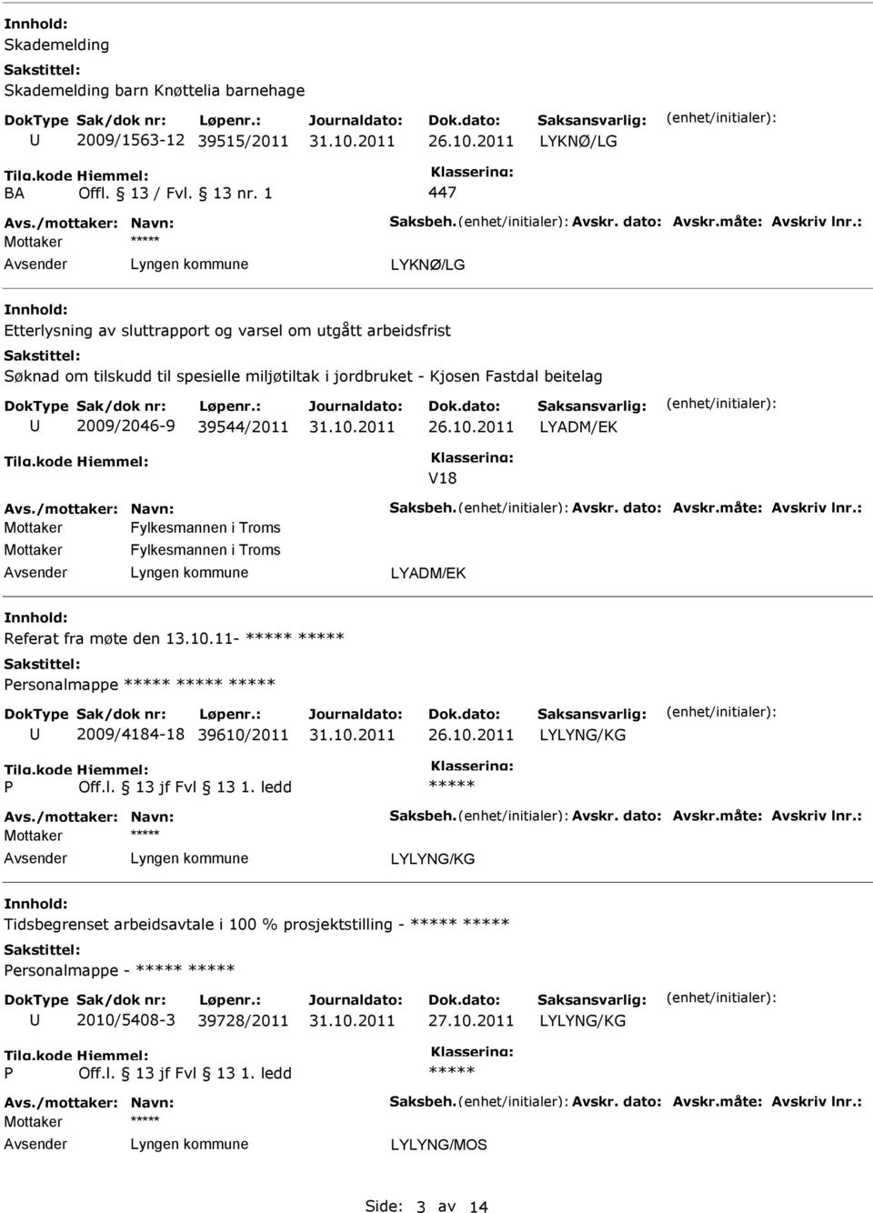 V18 Avs./mottaker: Navn: Saksbeh. Avskr. dato: Avskr.måte: Avskriv lnr.: Mottaker Fylkesmannen i Troms Mottaker Fylkesmannen i Troms LYADM/EK Referat fra møte den 13.10.