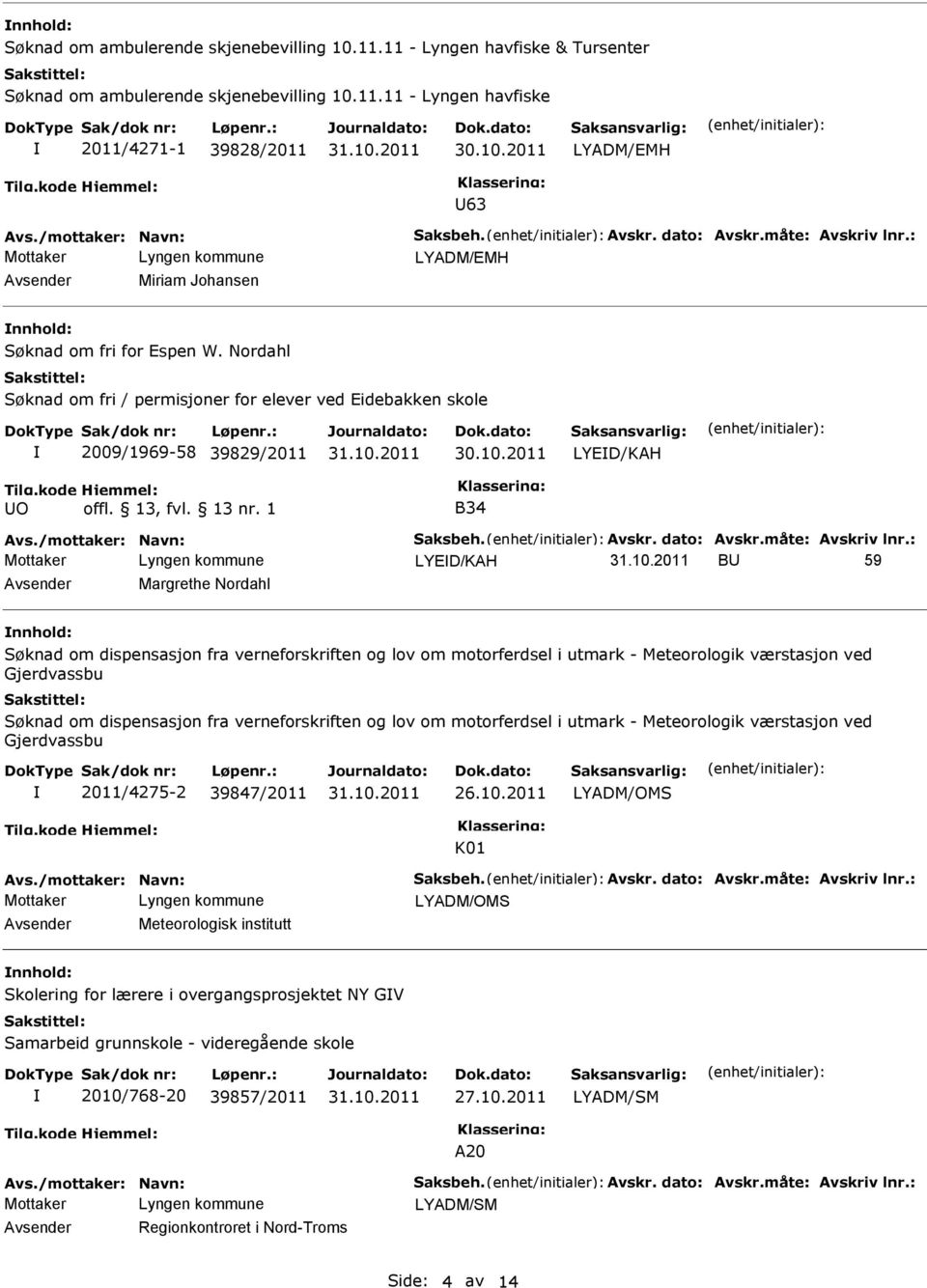 Nordahl Søknad om fri / permisjoner for elever ved Eidebakken skole 2009/1969-58 39829/2011 30.10.2011 LYED/KAH O offl. 13, fvl. 13 nr. 1 B34 Avs./mottaker: Navn: Saksbeh. Avskr. dato: Avskr.