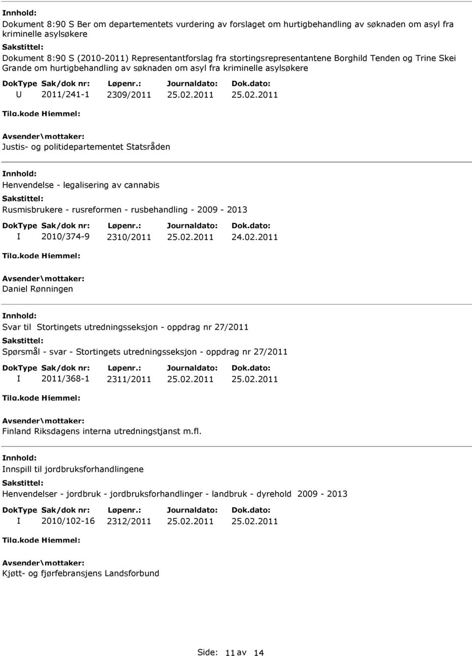 Henvendelse - legalisering av cannabis Rusmisbrukere - rusreformen - rusbehandling - 2009-2013 2010/374-9 2310/2011 Daniel Rønningen Svar til Stortingets utredningsseksjon - oppdrag nr 27/2011