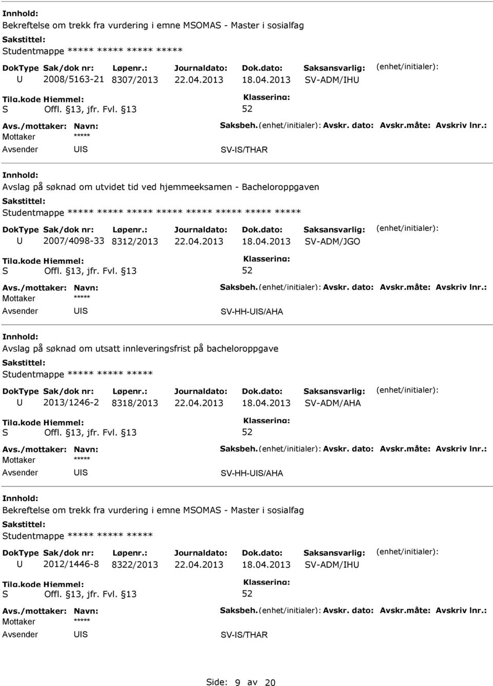 V-ADM/JGO V-HH-/AHA Avslag på søknad om utsatt innleveringsfrist på bacheloroppgave tudentmappe ***** ***** ***** 2013/1246-2 8318/2013 V-ADM/AHA