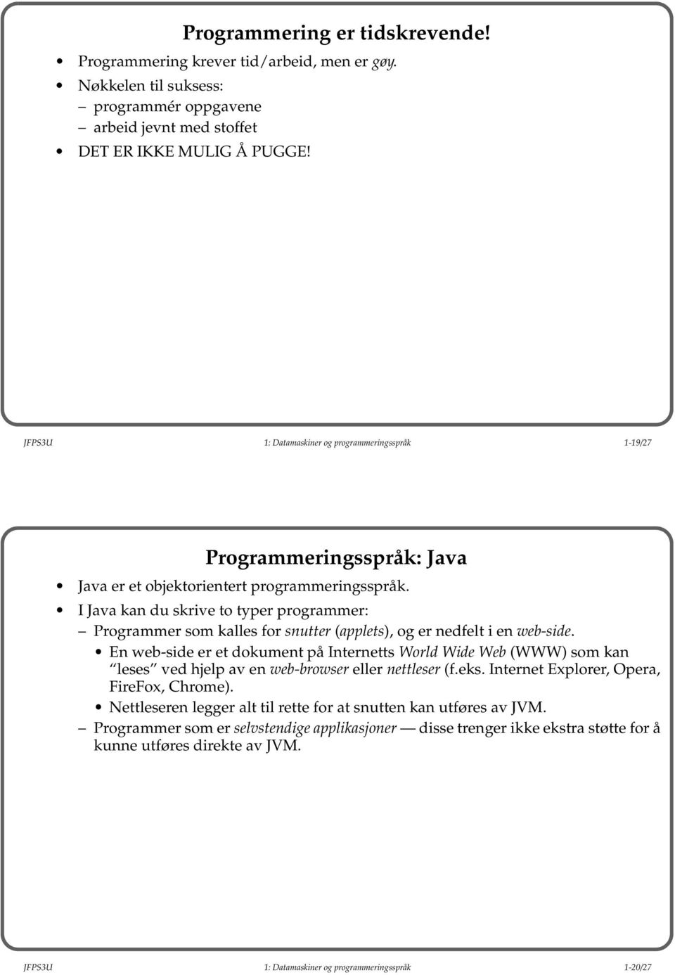 I Java kan du skrive to typer programmer: Programmer som kalles for snutter (applets), og er nedfelt i en web-side.