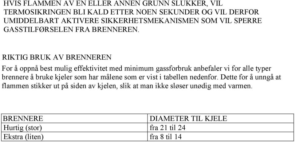 RIKTIG BRUK AV BRENNEREN For å oppnå best mulig effektivitet med minimum gassforbruk anbefaler vi for alle typer brennere å bruke kjeler som