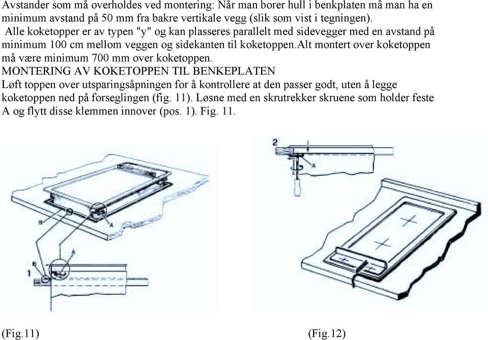 alt montert over koketoppen må være minimum 700 mm over koketoppen.