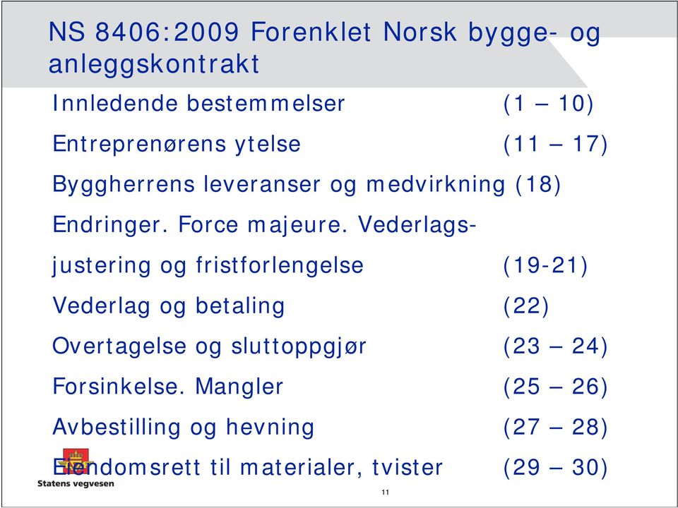 Vederlagsjustering og fristforlengelse (19-21) Vederlag og betaling (22) Overtagelse og sluttoppgjør