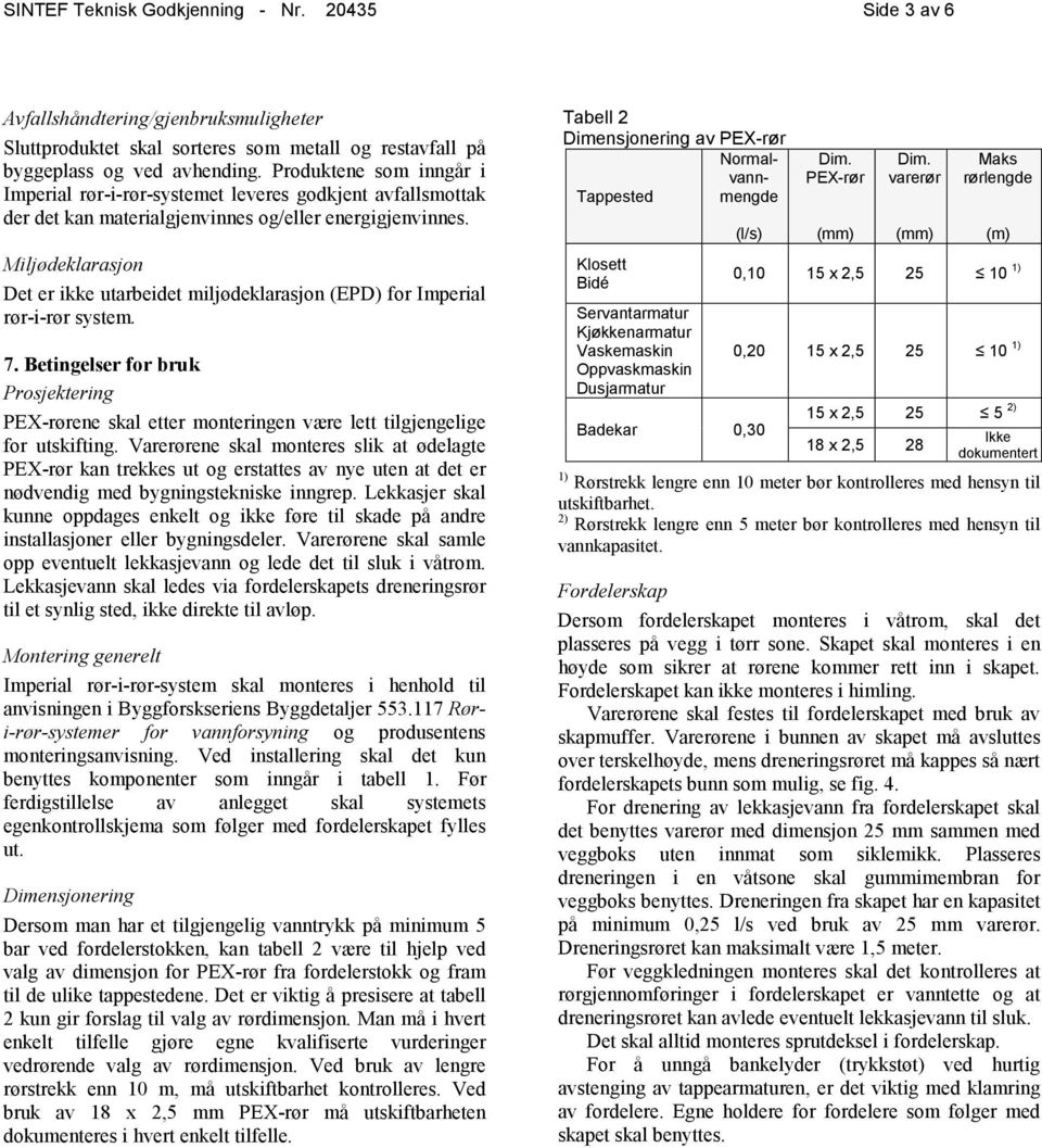 Miljødeklarasjon Det er ikke utarbeidet miljødeklarasjon (EPD) for Imperial rør-i-rør system. 7.