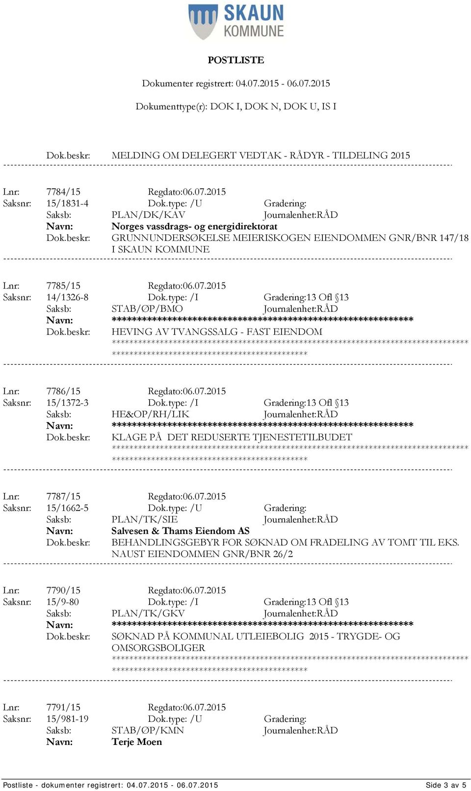 type: /I Gradering:13 Ofl 13 Saksb: STAB/ØP/BMO Journalenhet:RÅD *************** HEVING AV TVANGSSALG - FAST EIENDOM Lnr: 7786/15 Regdato:06.07.2015 Saksnr: 15/1372-3 Dok.