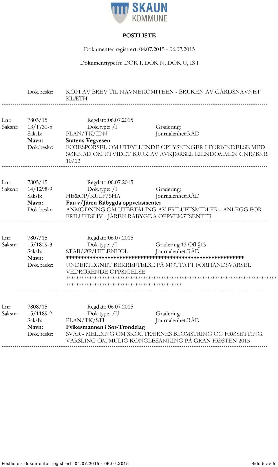 7805/15 Regdato:06.07.2015 Saksnr: 14/1298-9 Dok.