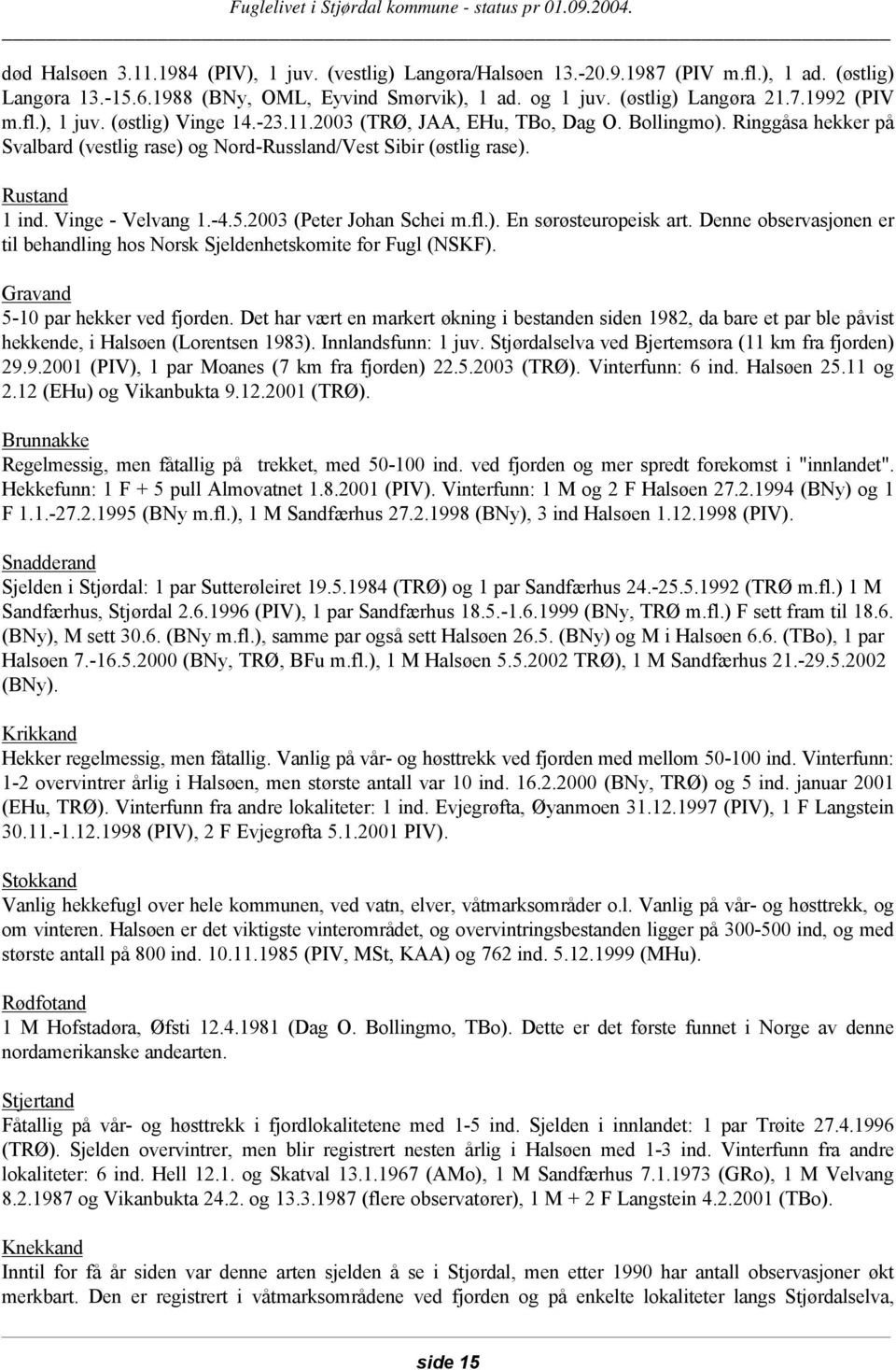 Vinge - Velvang 1.-4.5.2003 (Peter Johan Schei m.fl.). En sørøsteuropeisk art. Denne observasjonen er til behandling hos Norsk Sjeldenhetskomite for Fugl (NSKF). Gravand 5-10 par hekker ved fjorden.