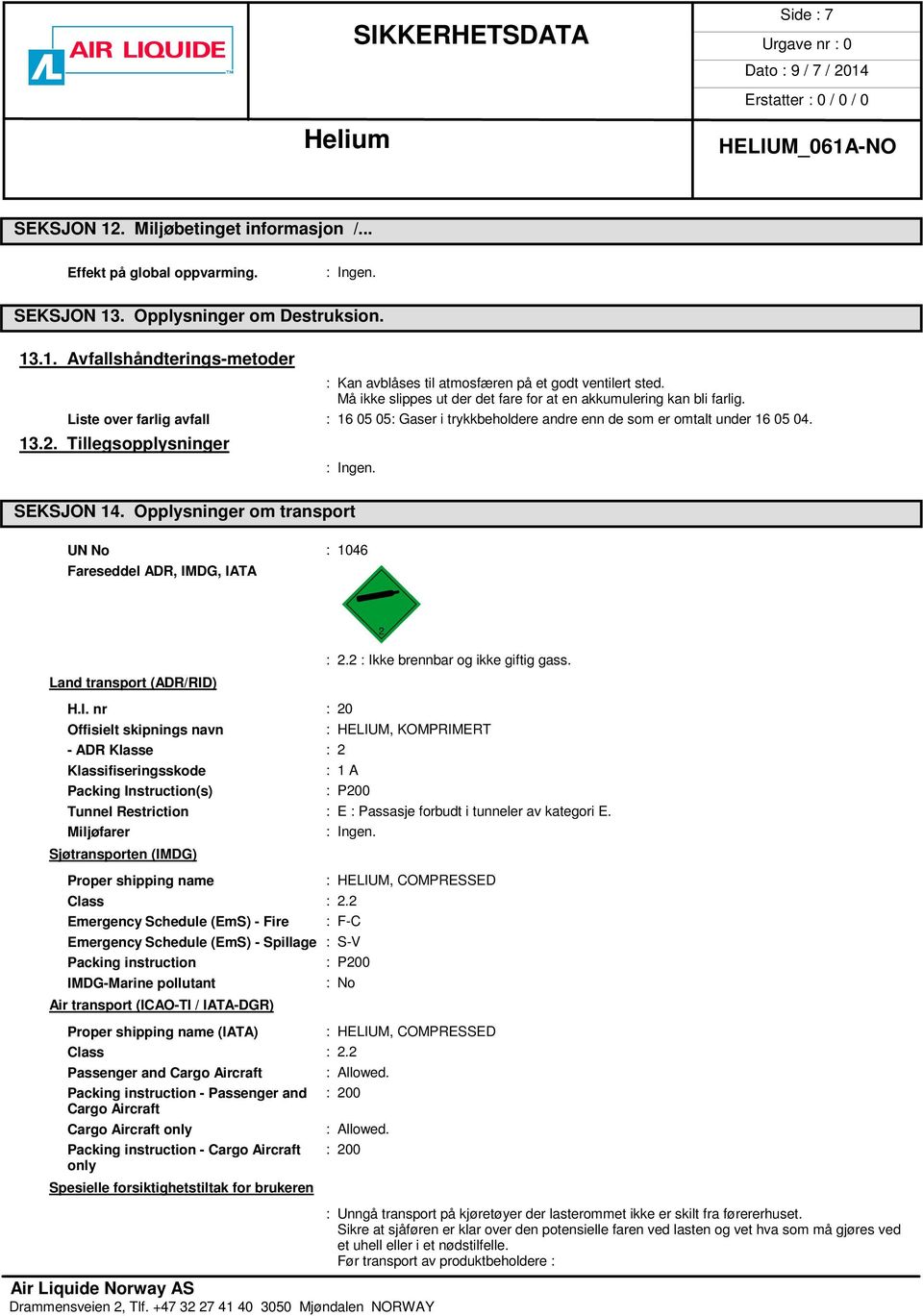 Tillegsopplysninger SEKSJON 14. Opplysninger om transport UN No : 1046 Fareseddel ADR, IM