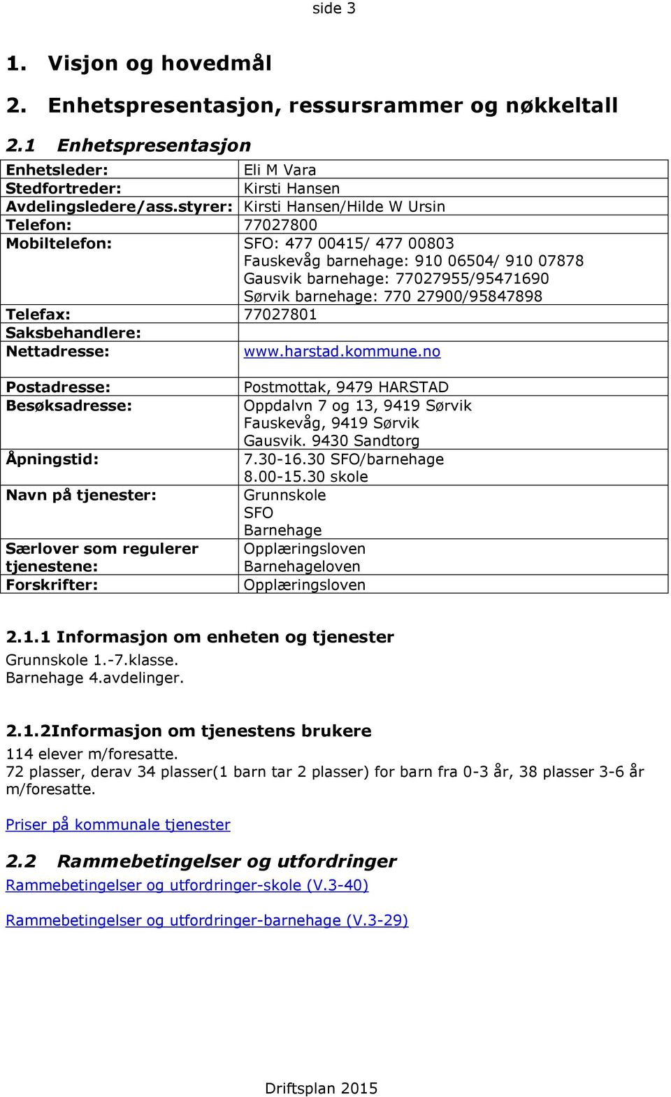 27900/95847898 Telefax: 77027801 Saksbehandlere: Nettadresse: www.harstad.kommune.