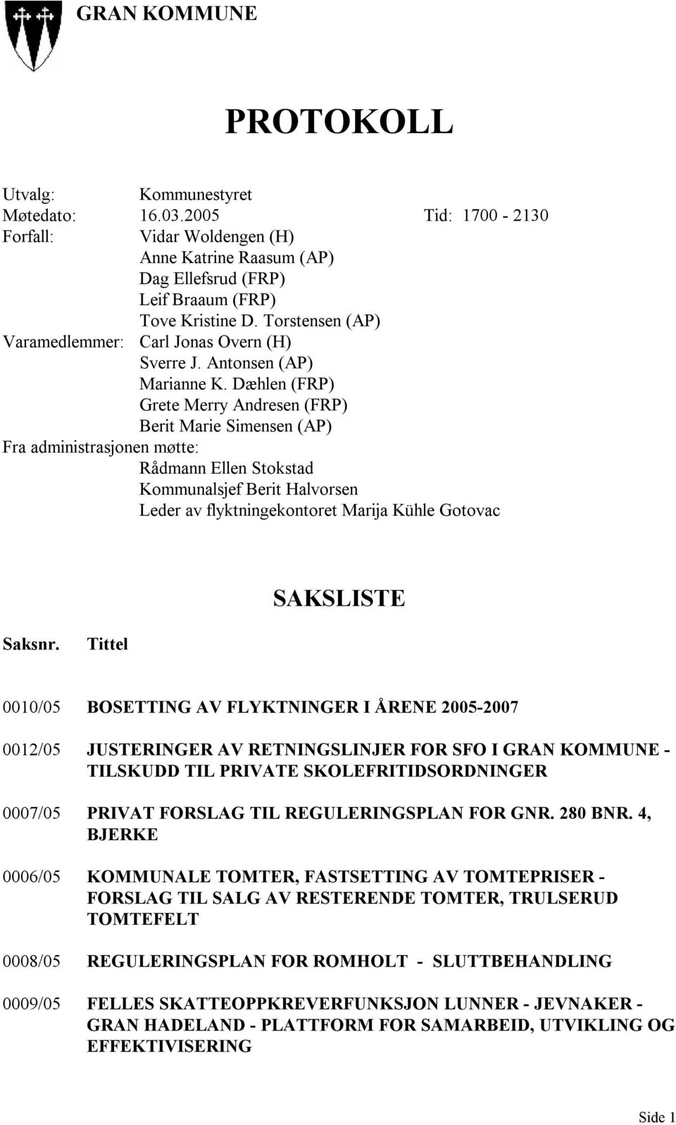 Dæhlen (FRP) Grete Merry Andresen (FRP) Berit Marie Simensen (AP) Fra administrasjonen møtte: Kommunalsjef Berit Halvorsen Leder av flyktningekontoret Marija Kühle Gotovac SAKSLISTE Saksnr.