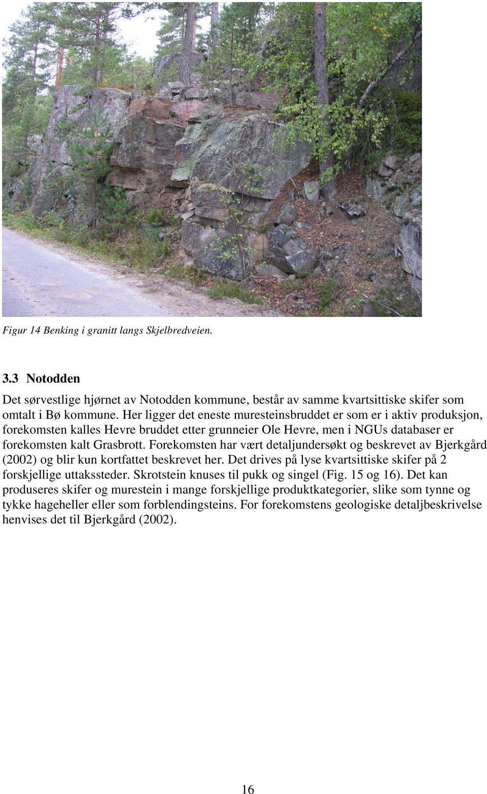 Forekomsten har vært detaljundersøkt og beskrevet av Bjerkgård (2002) og blir kun kortfattet beskrevet her. Det drives på lyse kvartsittiske skifer på 2 forskjellige uttakssteder.