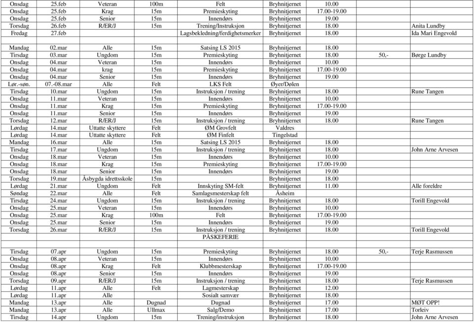 mar Alle 15m Satsing LS 2015 Bryhnitjernet 18.00 Tirsdag 03.mar Ungdom 15m Premieskyting Bryhnitjernet 18.00 50,- Børge Lundby Onsdag 04.mar Veteran 15m Innendørs Bryhnitjernet 10.00 Onsdag 04.