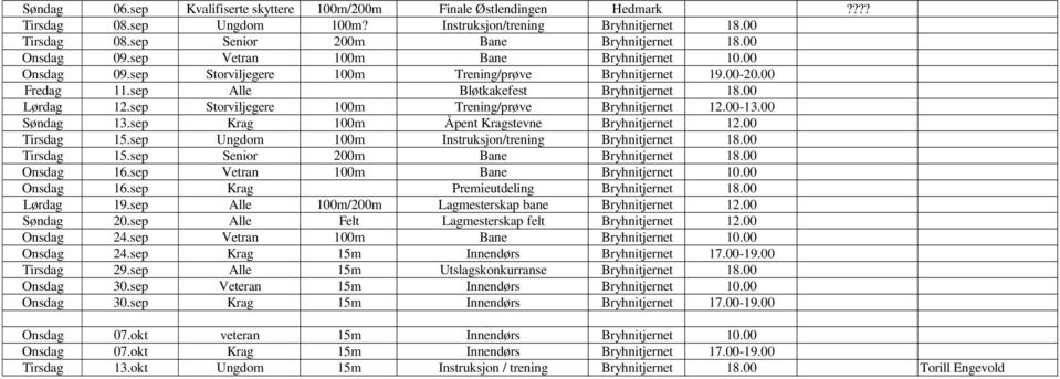 sep Storviljegere 100m Trening/prøve Bryhnitjernet 12.00-13.00 Søndag 13.sep Krag 100m Åpent Kragstevne Bryhnitjernet 12.00 Tirsdag 15.sep Ungdom 100m Instruksjon/trening Bryhnitjernet 18.