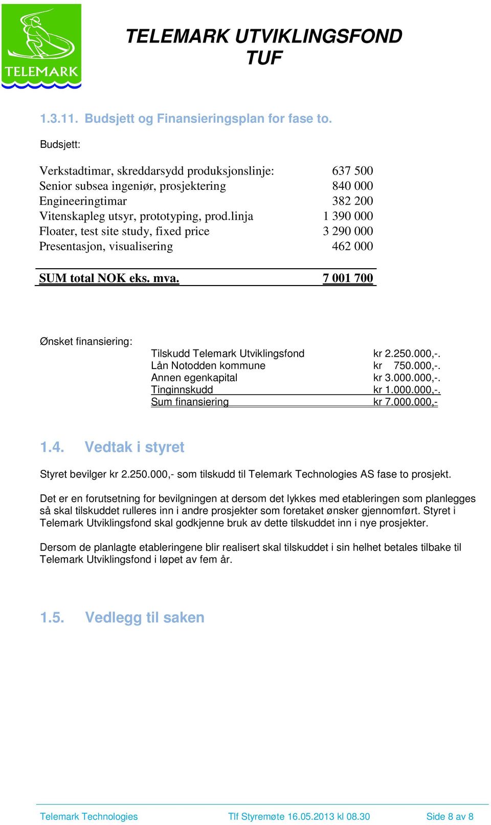 linja 1 390 000 Floater, test site study, fixed price 3 290 000 Presentasjon, visualisering 462 000 SUM total NOK eks. mva. 7 001 700 Ønsket finansiering: Tilskudd Telemark Utviklingsfond kr 2.250.