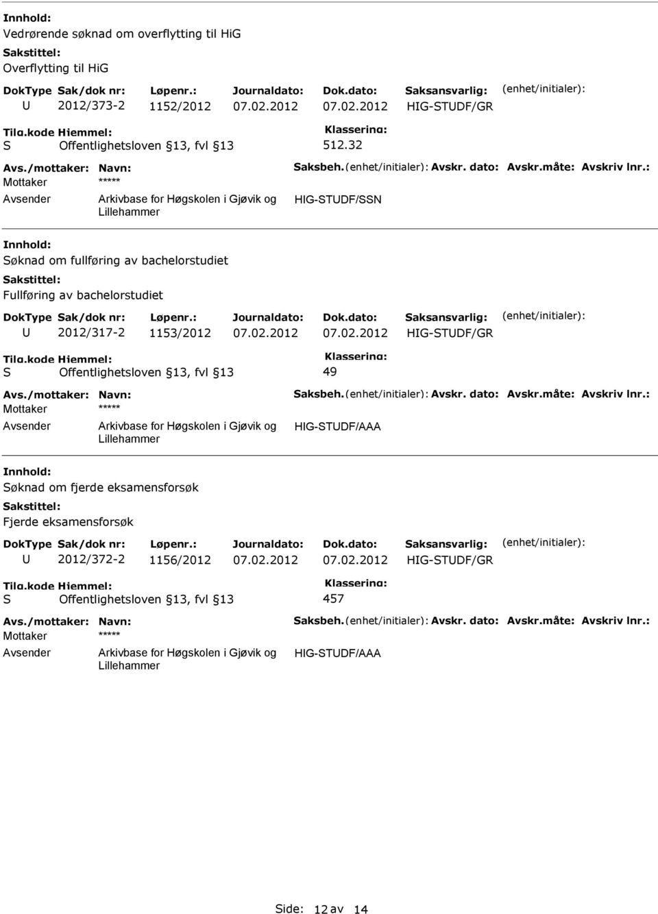 : Mottaker ***** HG-TDF/N øknad om fullføring av bachelorstudiet Fullføring av bachelorstudiet 2012/317-2 1153/2012 HG-TDF/GR 49 Avs.