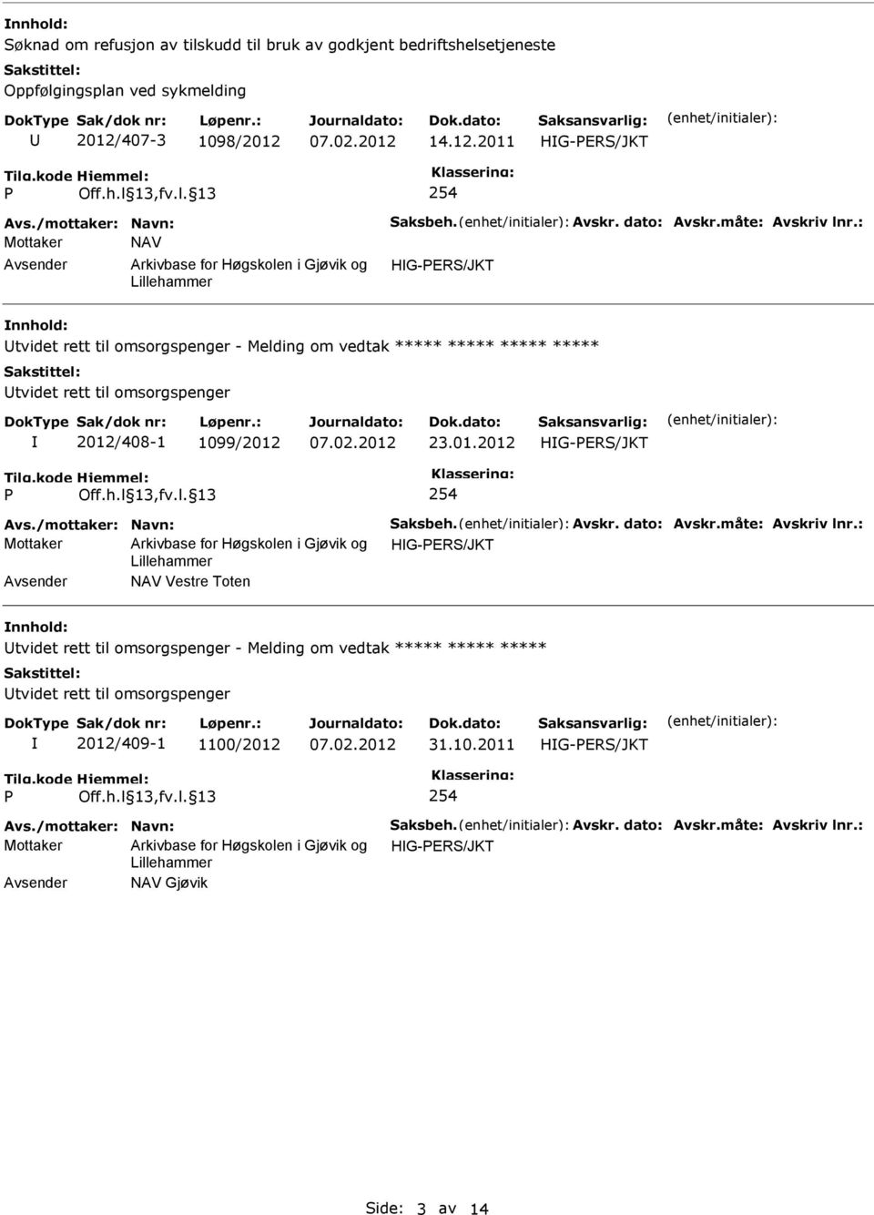 : Mottaker NAV tvidet rett til omsorgspenger - Melding om vedtak ***** ***** ***** ***** tvidet rett til omsorgspenger 2012/408-1 1099/2012 23.01.2012 Avs.