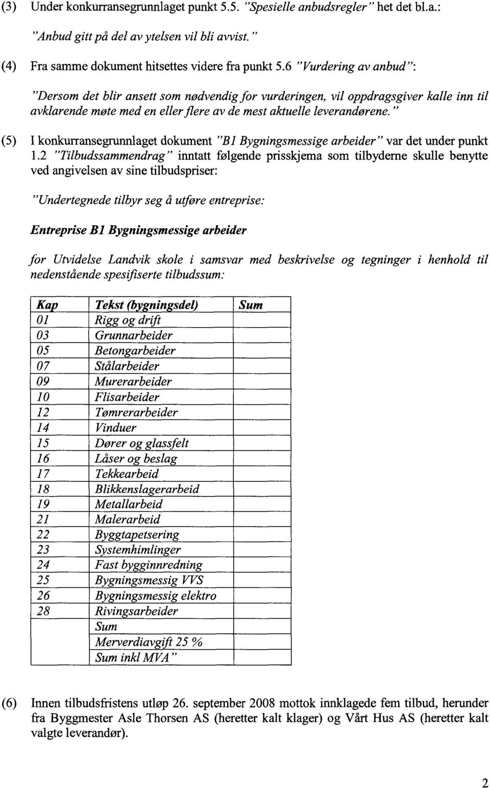 " (5) I konkurransegrunnlaget dokument "B 1 Bygningsmessige arbeider" var det under punkt 1.