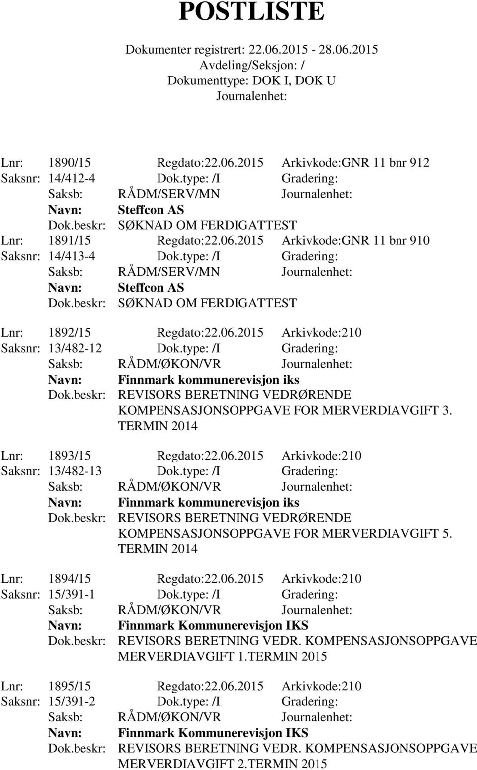 beskr: REVISORS BERETNING VEDRØRENDE KOMPENSASJONSOPPGAVE FOR MERVERDIAVGIFT 3. TERMIN 2014 Lnr: 1893/15 Regdato:22.06.2015 Arkivkode:210 Saksnr: 13/482-13 Dok.