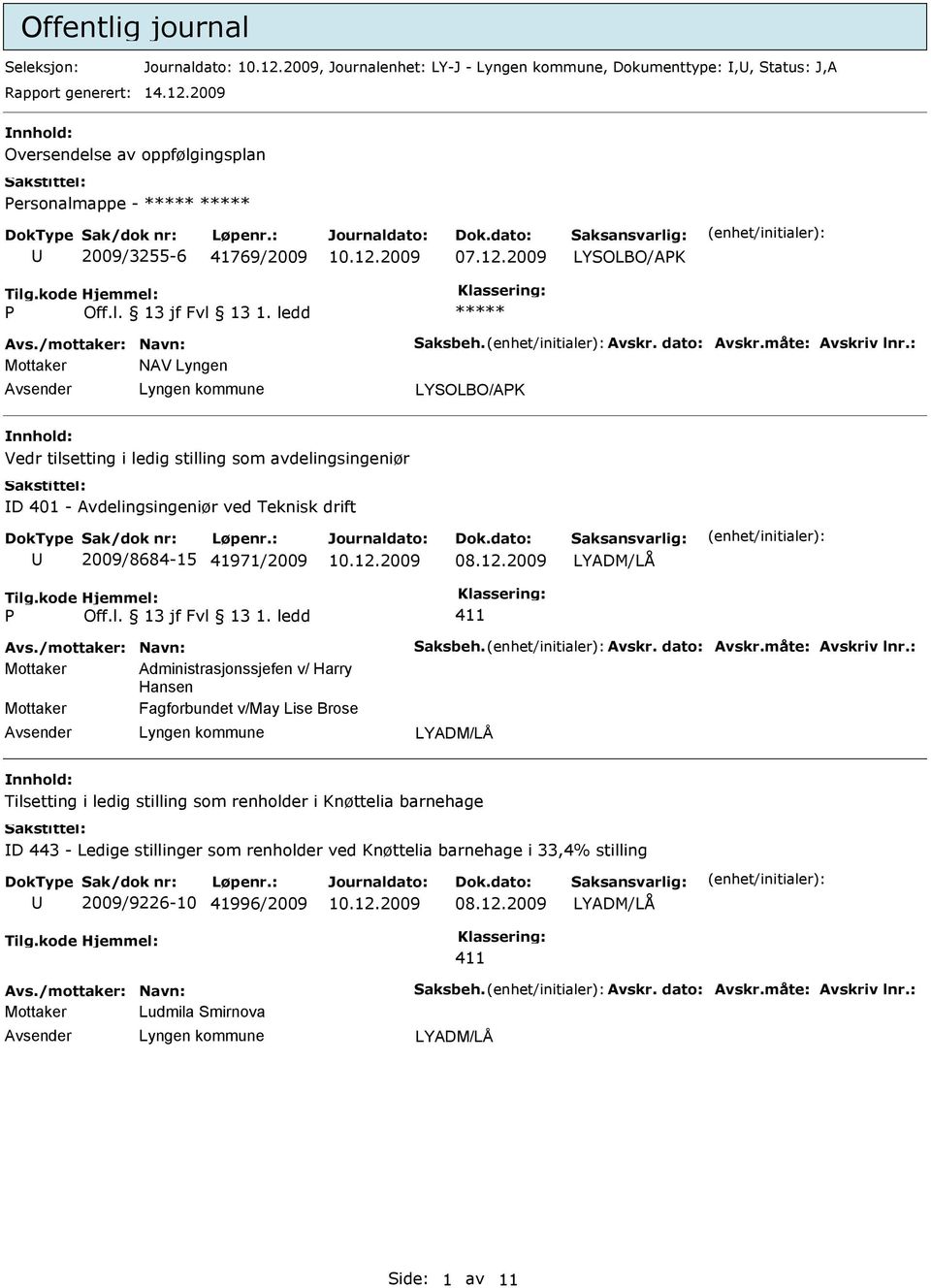 : Mottaker NAV Lyngen LYSOLBO/AK Vedr tilsetting i ledig stilling som avdelingsingeniør D 401 - Avdelingsingeniør ved Teknisk drift 2009/8684-15 41971/2009 411 Avs.