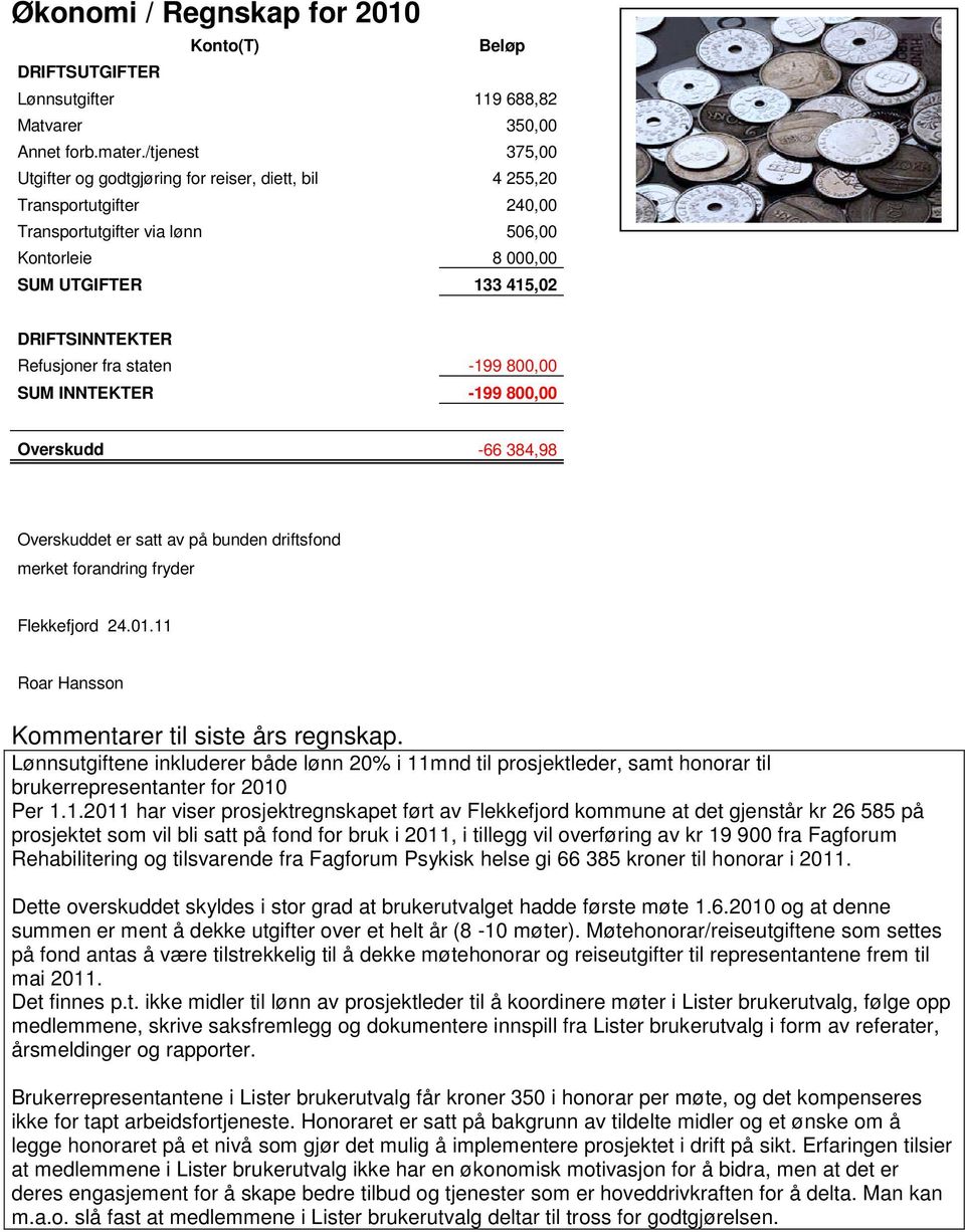 fra staten -99 800,00 SUM INNTEKTER -99 800,00 Overskudd - 384,98 Overskuddet er satt av på bunden driftsfond merket forandring fryder Flekkefjord 24.0. Roar Hansson Kommentarer til siste års regnskap.