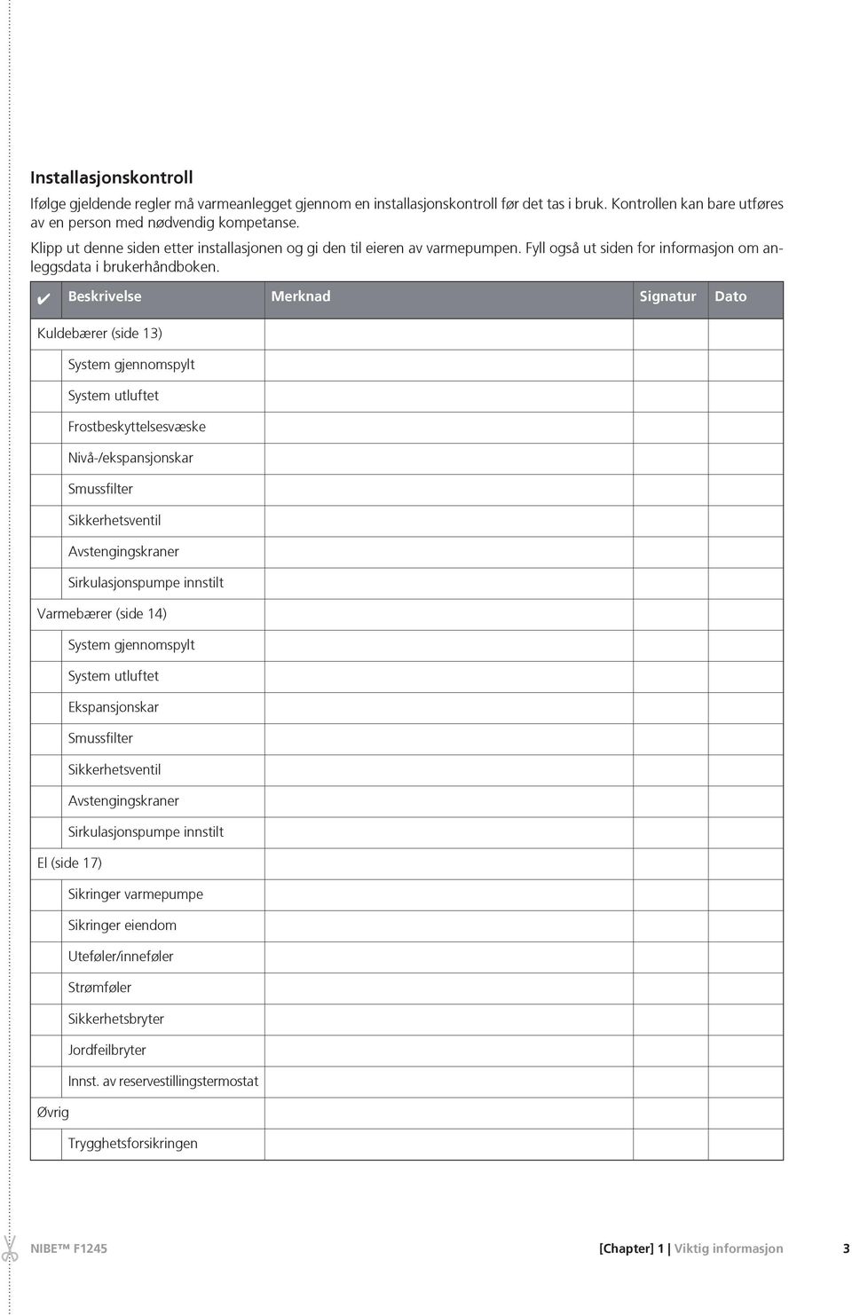 Beskrivelse Kuldebærer (side 13) System gjennomspylt System utluftet Frostbeskyttelsesvæske Nivå-/ekspansjonskar Smussfilter Sikkerhetsventil Avstengingskraner Sirkulasjonspumpe innstilt Varmebærer