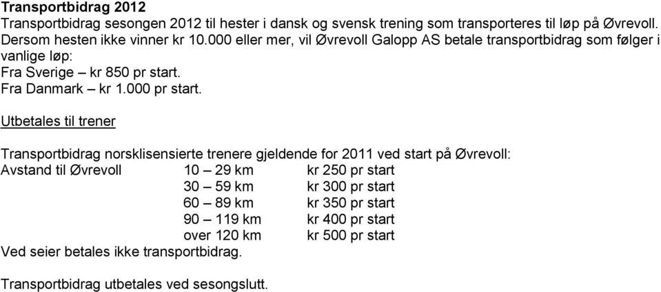 Utbetales til trener Transportbidrag norsklisensierte trenere gjeldende for 2011 ved start på Øvrevoll: Avstand til Øvrevoll 10 29 km kr 250 pr start 30 59 km