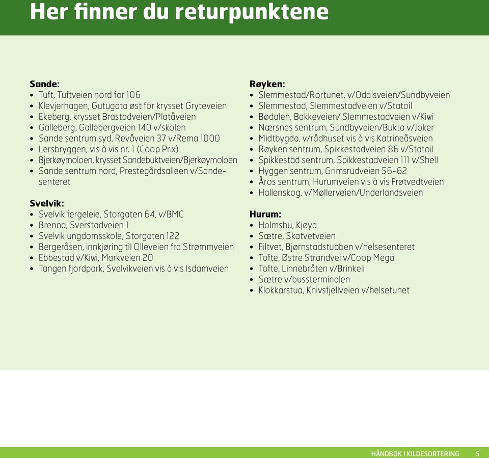 1 (Coop Prix) Bjerkøymoloen, krysset Sandebuktveien/Bjerkøymoloen Sande sentrum nord, Prestegårdsalleen v/sandesenteret Svelvik: Svelvik fergeleie, Storgaten 64, v/bmc Brenna, Sverstadveien 1 Svelvik